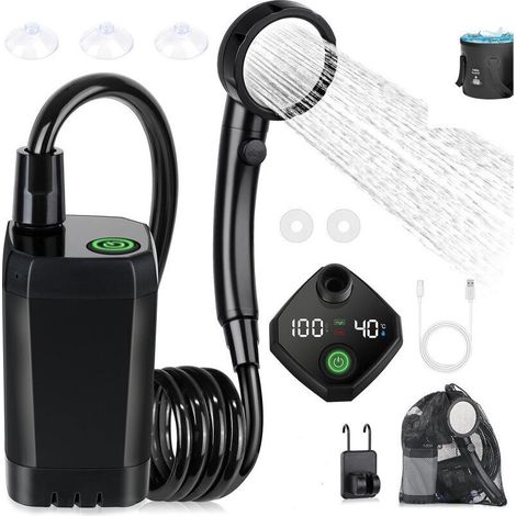 6000mADouche Portable pour Camping, Douche électrique Extérieure Rechargeable avec Affichage Numérique Intelligent,Noir