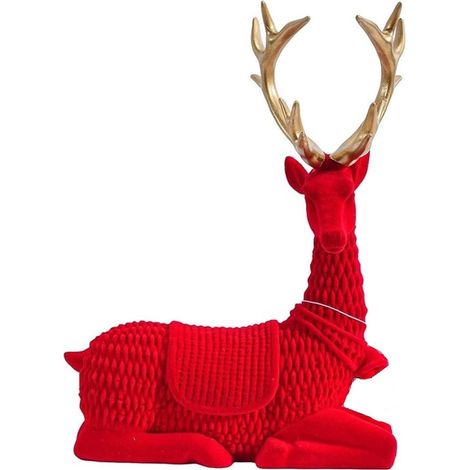TRADE SHOP - Renna Natalizia Decorativa Floccata Rosso Seduta Con Corna Dorate 19x8x24cm 638846 - (1/2)