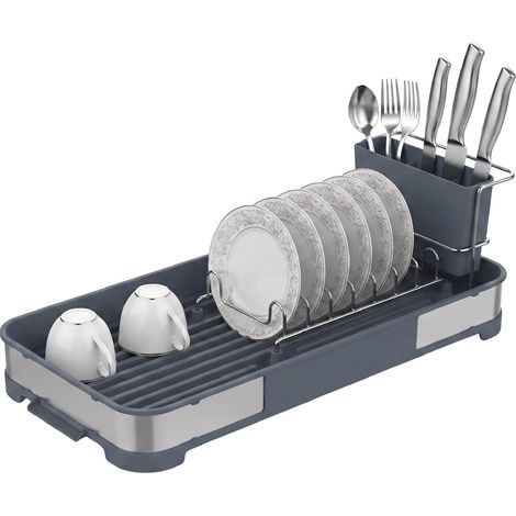 Égouttoir Petit 44,5 x 20,6 x 13 cm Acier Inoxydable et Polypropylène Couleur Grise Égouttoir avec Plateau et Support pour Couverts Capacité 7 Assiettes et 4 Verres (1/5)