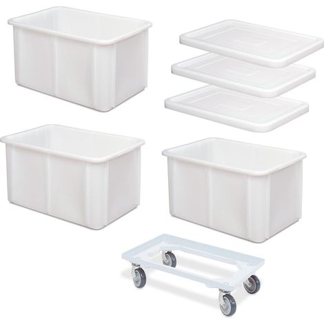BRB 3x Schwerlastbehälter 600x400x320 weiß mit Deckel + Transportroller (1/3)