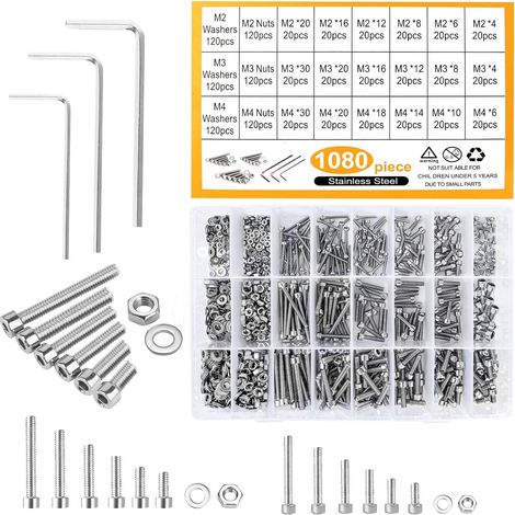 Jeu de Vis Cylindriques à Six Pans Creux et Écrous - 1080 Pièces M2 M3 M4 - Boulons à Tête Hexagonale en Acier Inoxydable - Pour Moto, Auto, Voitures, Mécaniques et Pièces de Vélo (1/5)