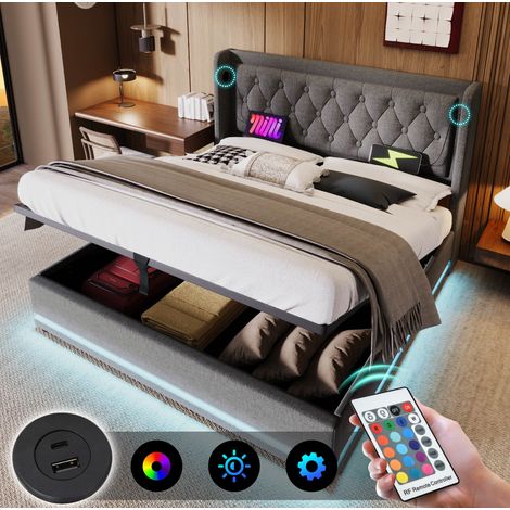 Cama tapizada 180/200 cm gris de algodón con almacenaje hidráulico, LED y USB (1/5)