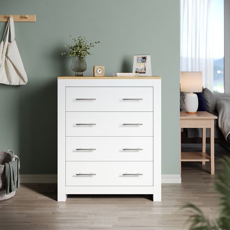 ELEGANT Chest of Drawers Bedroom Furniture Bedside Cabinet 4-Deck Drawers,White/Oak (Metal Drawer Glides & Handles)