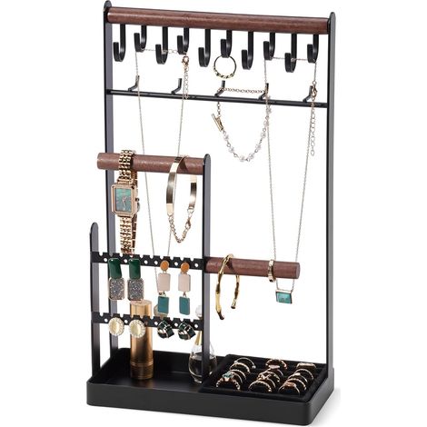 Porte Bijoux Présentoir à Bijoux en Metal et Bois Durable avec Plateau et Crochets, Organisateur de Bijoux -Noir, Large (1/5)