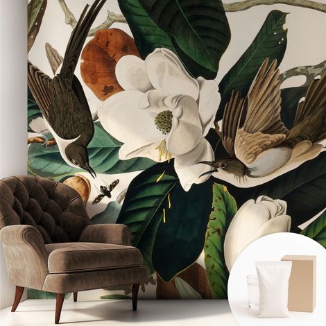 Papier peint intissé mural pour salon chambre à coucher tendance et originale - Colle incluse gratuite Oiseaux et magnolias 250x250 cm (1/5)