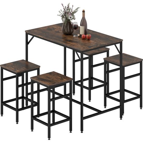 Industrielles Bartisch-Set + 4 Hocker mit Beinen aus Eichenholz und schwarzem Metall