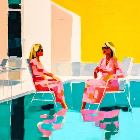 Tableau sur verre synthétique amies au bord de la piscine 90x90 cm - Impression sur Verre synthétique - Image HD  imprimée sur Verre synthétique - Tableau mural décoratif - Fabriqué en France (1/5)