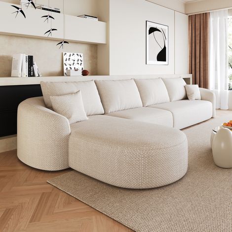 Canapé d'angle courbe gauche 4 places en tissu chenille,Compressé sans montage,Canapé design élégant pour grand salon,336x168x85cm,Beige