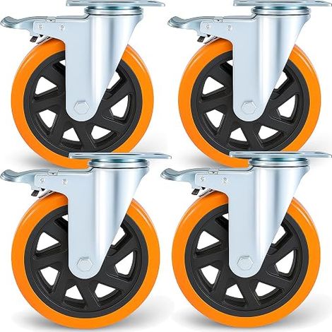 Roulette pivotante de 150 mm avec frein, ensemble de 4 roulettes pour meubles jusqu'à 1000 kg, charge lourde de 360 degrés, roue de transport en polyuréthane silencieux et solide (avec vis) (1/5)