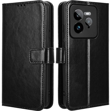 Étui portefeuille à rabat Crazy Horse pour Realme GT 7 Pro, noir