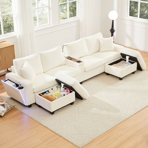 Canapé d'angle convertible 4 places ports USB/Type-C,canapé convertible,canapé 4 places avec éclairage LED,en velours côtelé,avec 2 tabourets, lampe de lecture,plateau rabattable, porte-gobelet,Beige (1/5)