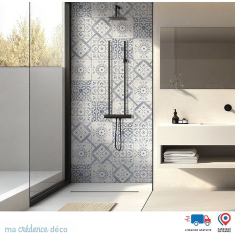 Panneau de douche : Carreaux de ciment classiques 4 - Couleur bleu roi - Alu composite - 90 - 245 (1/4)