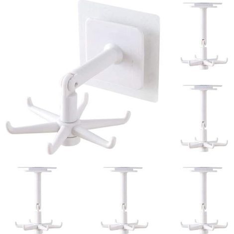 6-Piece Kitchen Utensil Holder, 360° Rotating Kitchen Utensil Rack, No Drilling Required, Storage Organizer, Kitchen Utensil Storage, 6 Hooks, for Kitchen, Bathroom, Wardrobe (White) (1/2)