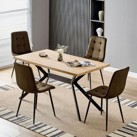 Ensemble table à manger - WAFTING - 140x80 cm - 4 chaises velours marron - Plateau aspect bois (1/5)