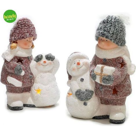 Bimbo con pupazzo di neve e luci general trade h24 cm