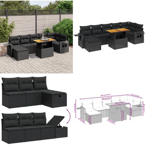 Salon de jardin 8 pcs avec coussins noir résine tressée - Ensemble Salon De Jardin - Mobilier Extérieur - Résine Tressée - Rotin Synthétique - Table Extensible - Home & Living (1/5)