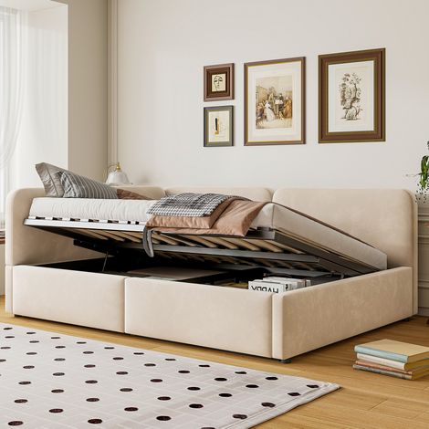 Canapé Lit 140x200 cm avec rangement hydraulique, dossier réversible, tête de lit haute, velours beige (1/5)