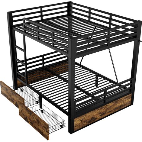 Metall Etagenbett mit Schubladen und Leiter, 140x200 cm, platzsparendes Doppelstockbett für Kinderzimmer, stabiles Metallbett in Schwarz (1/5)