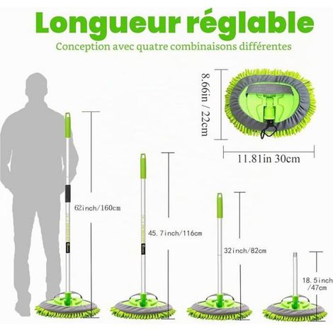 Balai Lave-Auto - Manche Aluminium Réglable 160 cm - Tête Chenille Microfibre 2 en 1 - Pour Voitures Camions Caravanes - 2 Têtes Incluses (1/5)