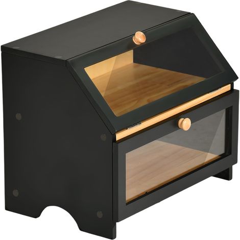 FurnitureR Brotkasten aus Holz für die Küche, multifunktionale Aufbewahrungsbox aus massivem Kiefernholz mit Acrylfenster, belüftet, zwei Ebenen, mit Magnetverschluss