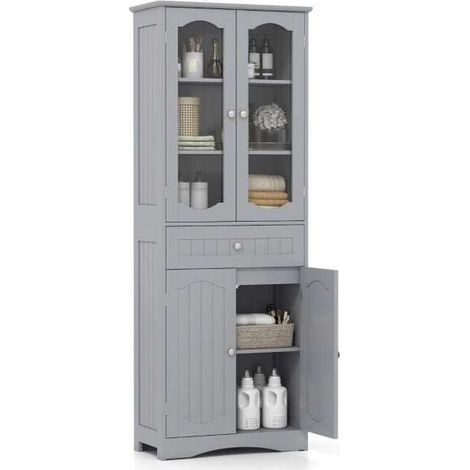 Armoire grise 160 cm en MDF avec 2 portes en verre trempé, 2 étagères réglables et 1 tiroir pour salle de bain, salon et chambre (1/5)