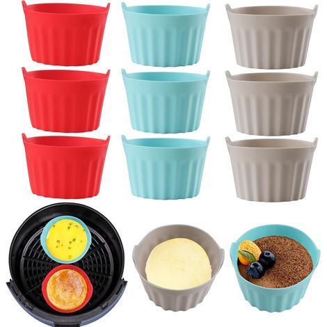 9PCS Silicone Air Fryer Accessoires, Plat Pour Friteuse Sans Huile, Moule Pour Gâteau Au Four, Moule à Tarte Aux Oeufs, Silicone Bakeware, Rouge + gris + bleu (1/5)