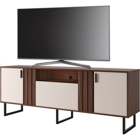 Meuble TV Bar 70 Pouces Noyer et Blanc 3 Portes 4 Niches Pieds Métal L 180 H 64 P 40.3 cm (1/5)