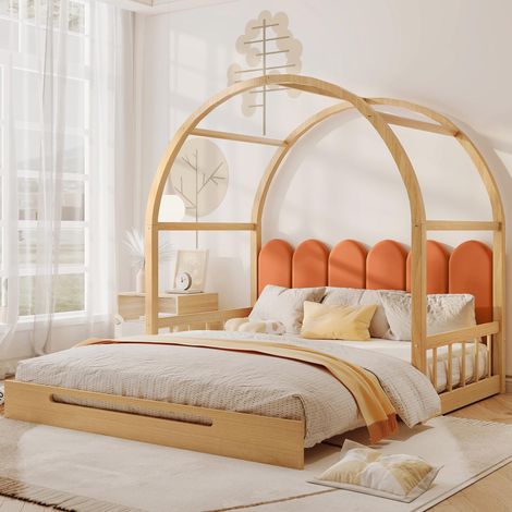 Lit à toit arqué extensible, lit coulissant, lit enfant, lit de jour, lit double, coussins en velours, cadre en bois de pin, naturel et orange (140x100cm & 140x200cm)