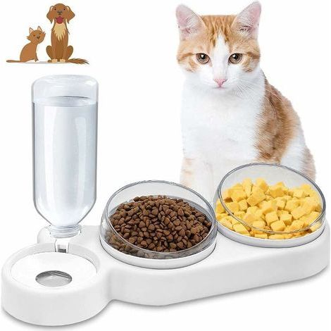 Gamelles pour Chats, 3 en 1 à Stockage D'eau Automatique Bols pour Chat, Inclinable à 15° Double Gamelle Chat Surélevée, Anti-Vomissements, Anti-Dérapant Bols de Nourriture Pour Animaux de Compagnie,D (1/4)