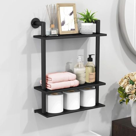 Étagère murale flottante en métal noir avec cadre et porte-serviettes pour salle de bain, salon, chambre, cuisine (1/5)