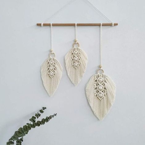 Macramé Tenture Murale Plume Boho Chic Tissé Feuille Glands Décoration Ornements En Coton - Décoration Bohème Pour La Maison - Salon Chambre Décor (Ivoire-3 Feuilles) (1/4)