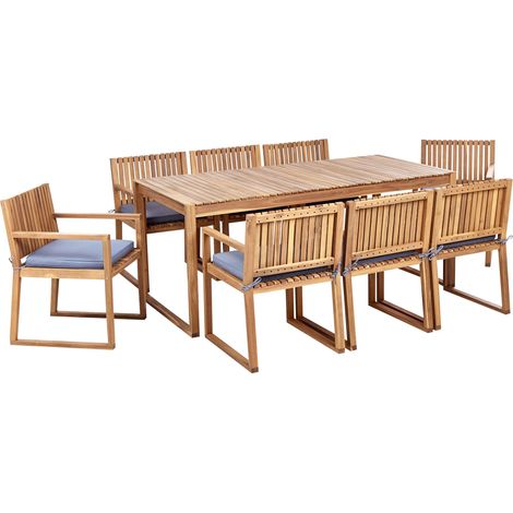 Set da Giardino Legno di Acacia chiaro con Tavolo e 8 Sedie con Cuscini blu Sassari II