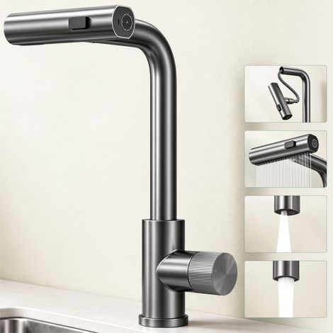 Mai & Mai Wasserhahn Küche Küchenarmatur mit Brause Ausziehbar, Küchenwasserhahn 360°Schwenkbar 3 Sprühfunktionen, Mischbatterie Spültischarmatur aus Edelstahl Grau Turnix-02 (1/5)