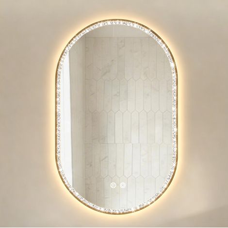 Espejo de baño LED ovalado 50 x 80 cm antivaho, marco dorado cepillado y cristales (1/5)