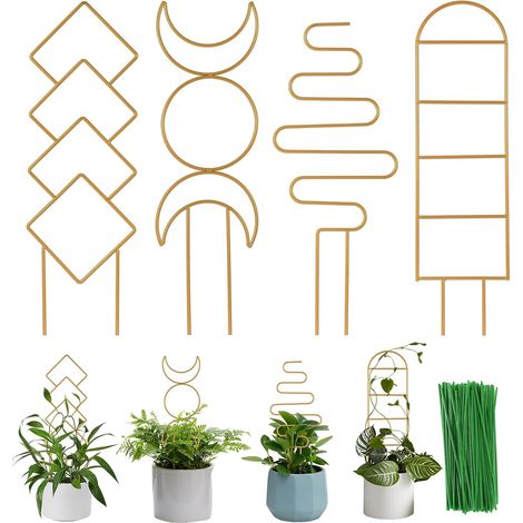 Supporto per piante rampicanti da interno in 4 pezzi, piccolo supporto per piante in vaso da esterno, supporto da giardino in metallo, supporto per piante con vari motivi di edera (colore oro)