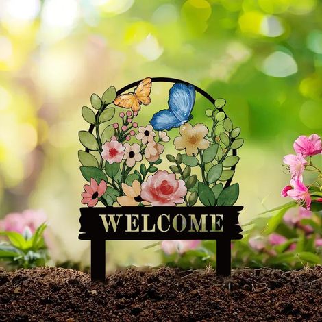 Piquets de jardin décoratifs avec papillon et fleurs, panneau de bienvenue, ornements en métal pour pelouse et cour, décoration extérieure effet rouille (1/5)