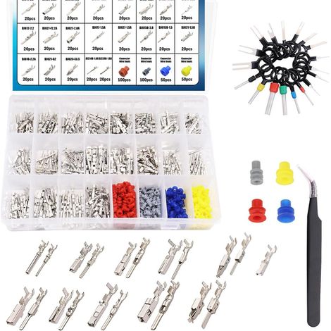 Kit di utensili per terminali elettrici per autoveicoli da 720 pezzi, 21 tipi: pin di collegamento da 1/1,5/1,8/2,2/2,8/3,5 mm, strumenti per la rimozione dei terminali, pin a crimpare maschio e femmi