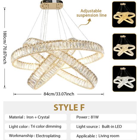 Goldene LED Kristall-Pendelleuchte, Modernes Ringdesign, 3-stufige Lichtfarbe, Wohnzimmerlampe