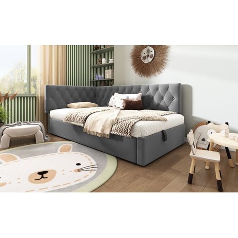 Día cama 90x190cm con sofá cama gris, L-Shape, almacenamiento hidráulico, tela velvet, sin colchón (1/5)