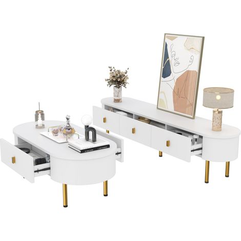 Meuble TV et table basse blancs avec tiroirs, coins arrondis, poignées et pieds dorés, combinaison moderne gain de place pour salon élégant - CHICFURN (1/5)