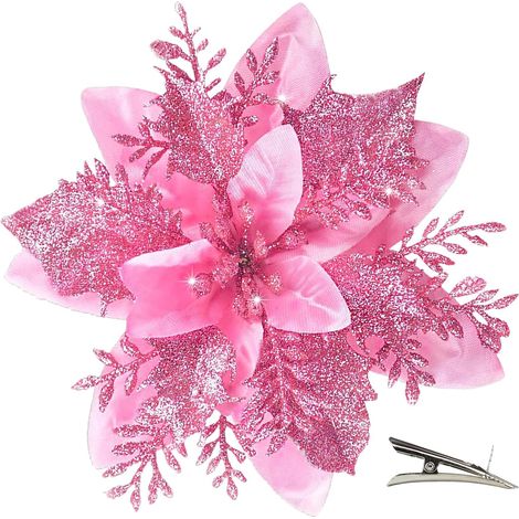 20 Pièces Fleur de Noël pour Sapin avec Clip, Fleurs de Noel Artificielles Glitter, Fleur Poinsettia Noel de Scintillantes pour Guirlande, Couronne, Sapin Noël Décoration (Rose) (1/5)