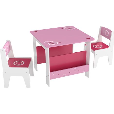 Set Tavolo con 2 Sedie per Bambini 3-8 Anni Tavolino con Scaffale in Legno MDF con Disegni a Cuori Rosa (1/5)