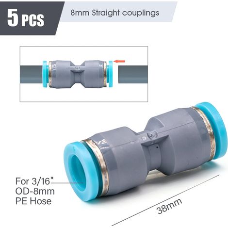 (5 pièces droites de 8 mm de diamètre intérieur) Raccord rapide pour tuyau d'arrosage OD 8 mm, raccords pour tube PE 5/16" pour tuyau de 5/8 mm, système d'irrigation de jardin, té, coude, bouchon, bus (1/5)