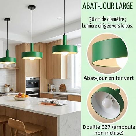 Suspension Luminaire Moderne Métal 30cm Coloré Rond Lustre Suspendue E27 Lampe Plafond Salon Cuisine Salle à Manger Pub Café Vert (1/4)