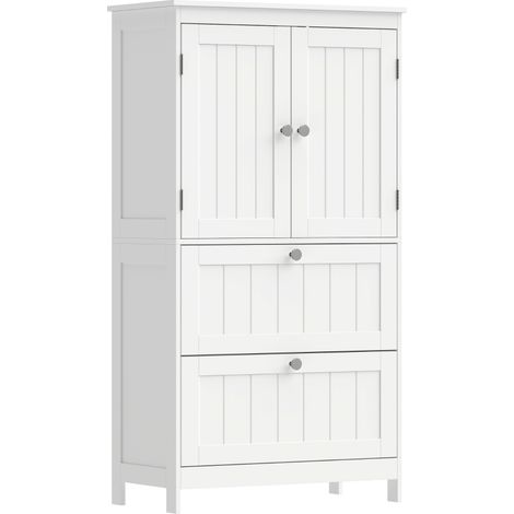 Armoire de salle de bain, 2 tiroirs, autoportante, tablette réglable, portes à lames, Blanc (1/5)