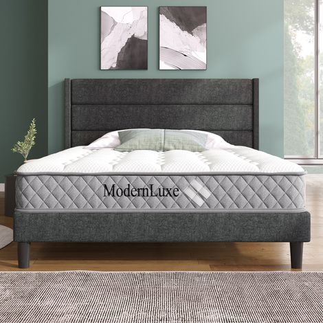 Lit double capitonné 140x200 cm avec sommier et tête de lit, lin gris foncé, design moderne intemporel (avec matelas) (1/5)