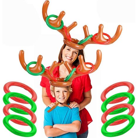Lot de 2 bois de renne gonflables, 8 anneaux, PVC écologique, pompe incluse, mentonnière ajustable, jeu famille Noël (1/5)