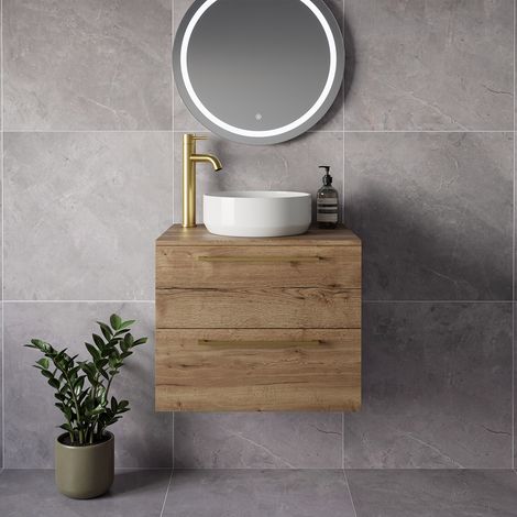 Napoli 460 Tobacco Oak 600mm Wall Mounted 2 Drawer Vanity Unit for Countertop Basins - 600mm - Brushed Brass 320mm Handle