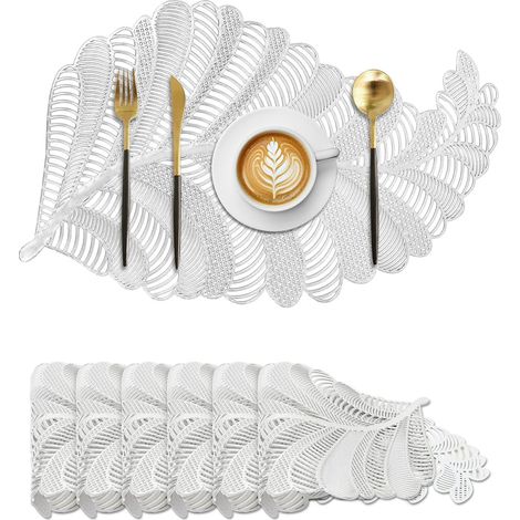 Set de table feuille lavable antidérapant 6 pièces, dessous de table résistant à la chaleur, PVC argent. (1/5)