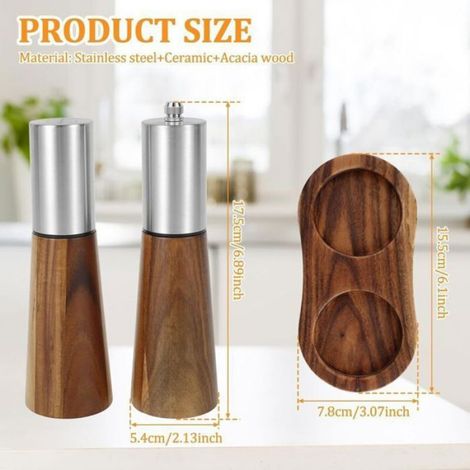 Ensemble huiliers-poivriers - - 2 pièces - Graduation - Bois massif - Rechargeable - Anneau en céramique (1/4)